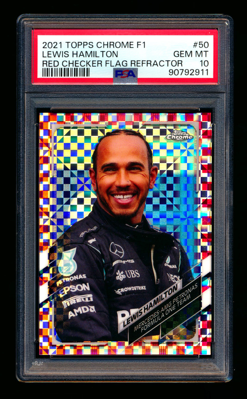 2021 Topps Chrome F1 #50 Lewis Hamilton Red Checker Flag Refractor #1/5 PSA 10 (First #!)