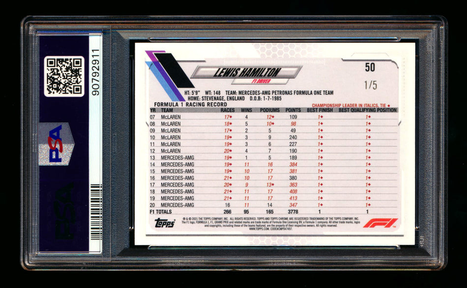 2021 Topps Chrome F1 #50 Lewis Hamilton Red Checker Flag Refractor #1/5 PSA 10 (First #!)