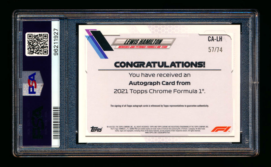 2021 Topps Chrome F1 #CA-LH Lewis Hamilton Refractor Autograph #57/74 PSA 9 DNA 10