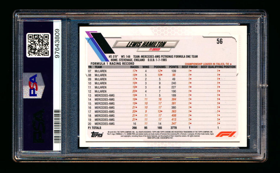 2021 Topps Chrome F1 #56 Lewis Hamilton Gold/Purple Refractor PSA 10