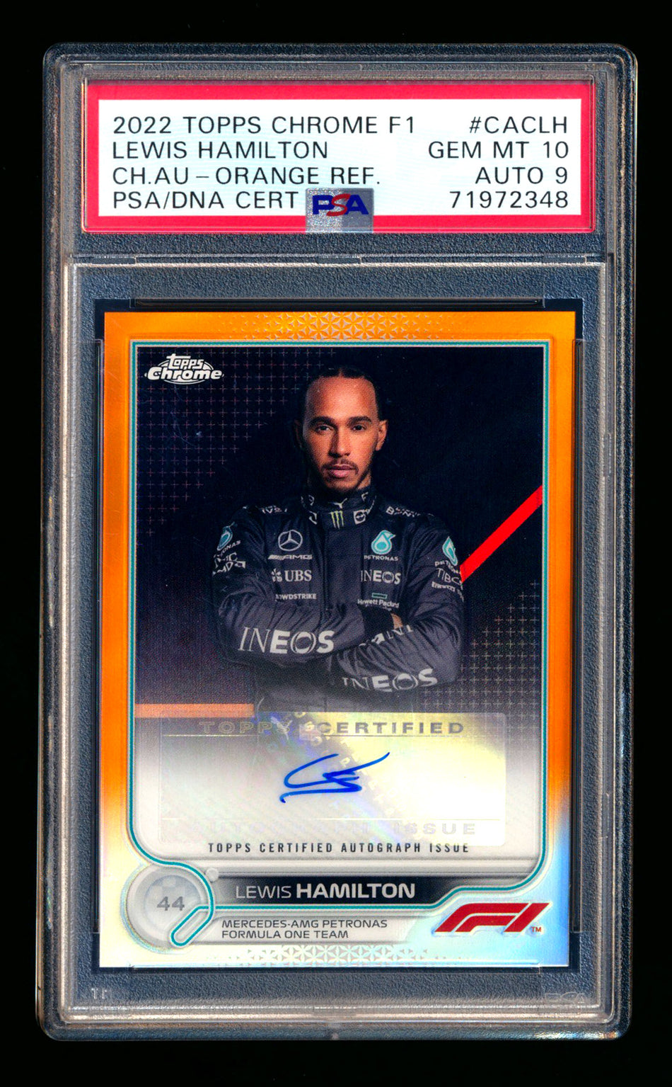 2022 Topps Chrome F1 #CAC-LH Lewis Hamilton Orange Refractor Autograph #16/25 PSA 10 DNA 9