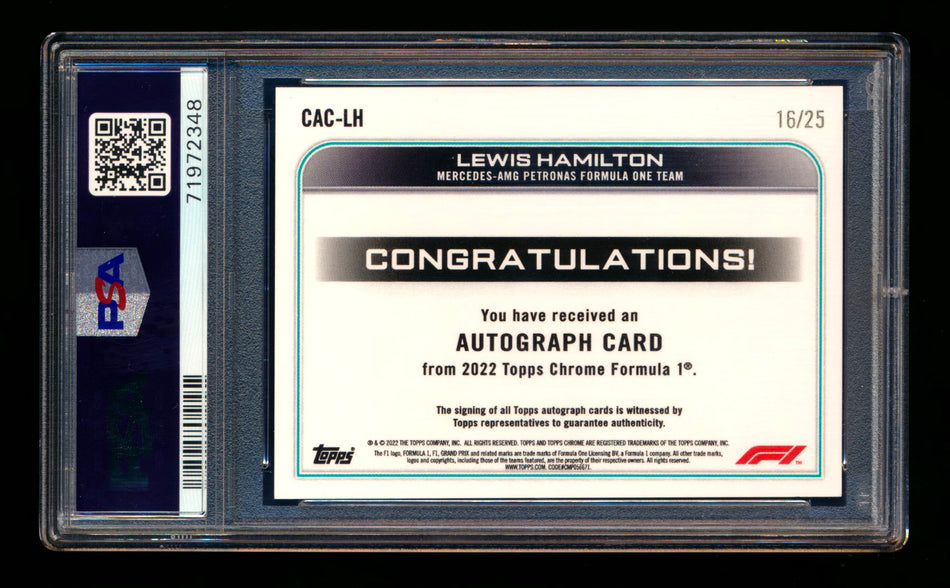 2022 Topps Chrome F1 #CAC-LH Lewis Hamilton Orange Refractor Autograph #16/25 PSA 10 DNA 9