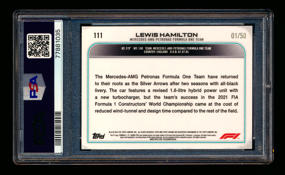 2022 Topps Chrome F1 #111 Lewis Hamilton Gold Refractor #01/50 PSA 9 (First #!) ** (SOLD eBay - $39.00 - 1/20/2025) **