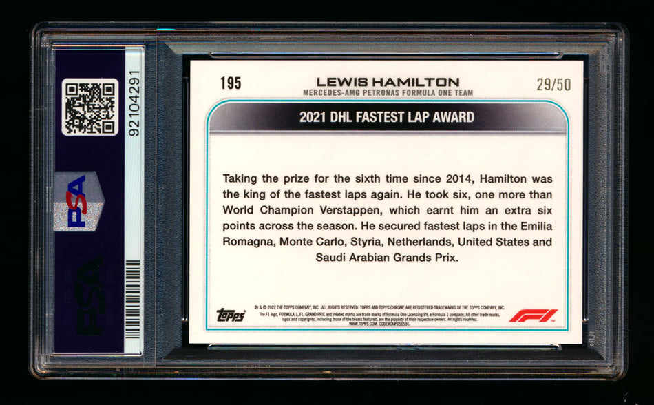 2022 Topps Chrome F1 #195 Lewis Hamilton Gold Refractor #29/50 PSA 9 ** (SOLD eBay - $25.00 - 1/24/2025) **