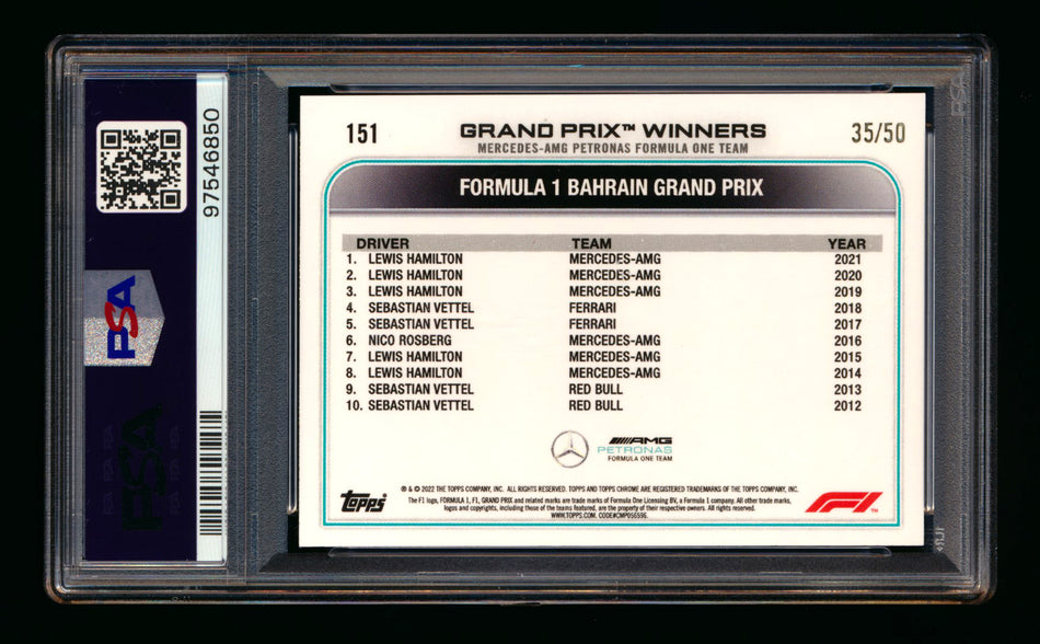2022 Topps Chrome F1 #151 Lewis Hamilton Gold Wave Refractor #35/50 PSA 10 ** (SOLD eBay - $89.00 - 2/18/2025) **