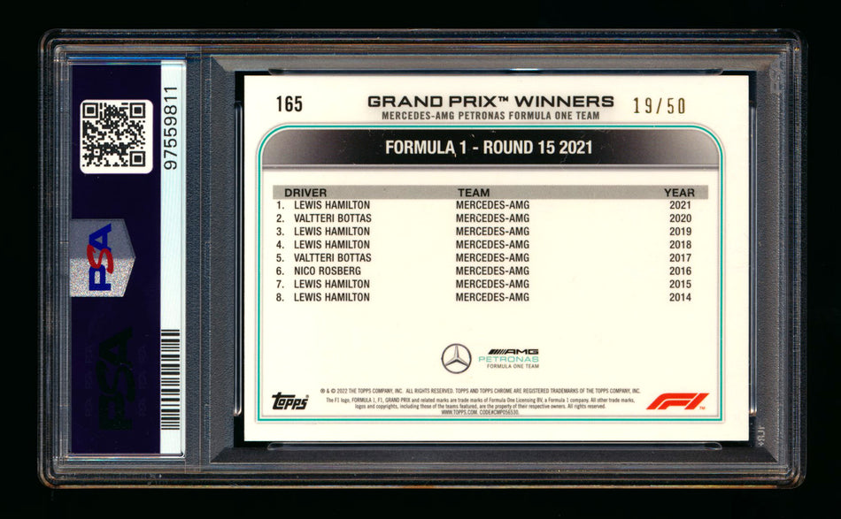 2022 Topps Chrome Sapphire F1 #165 Lewis Hamilton Gold Refractor #19/50 PSA 10 ** (SOLD - $119.00 - 12/24/2024) **