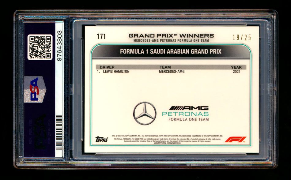 2022 Topps Chrome Sapphire F1 #171 Lewis Hamilton Orange Refractor #19/25 PSA 9 ** (SOLD - $79.00 - 2/18/2025) **