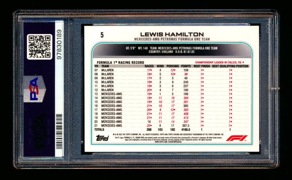 2022 Topps Chrome F1 #5 Lewis Hamilton Refractor Image Variation SSP PSA 10  ** (SOLD eBay - $149.00 - 2/1/2025) **