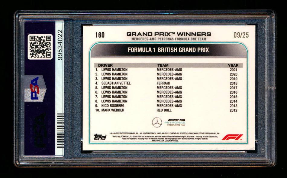 2022 Topps Chrome F1 #160 Lewis Hamilton Orange Checker Flag Refractor #09/25 PSA 10 ** (SOLD eBay - $120.00 - 2/9/2025) **