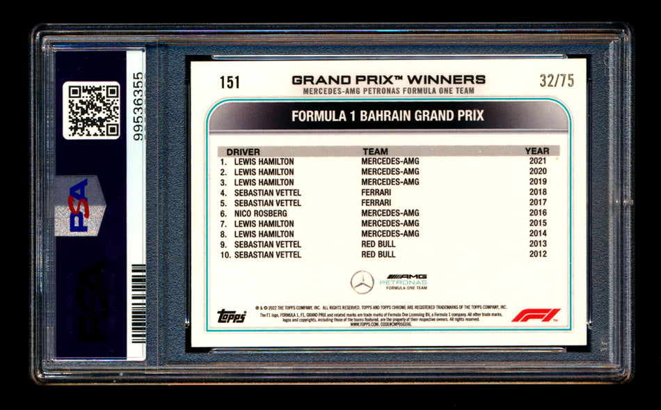 2022 Topps Chrome F1 #151 Lewis Hamilton Pink Raywave Refractor #32/75 PSA 10 ** (SOLD eBay - $95.00 - 2/18/2025) **