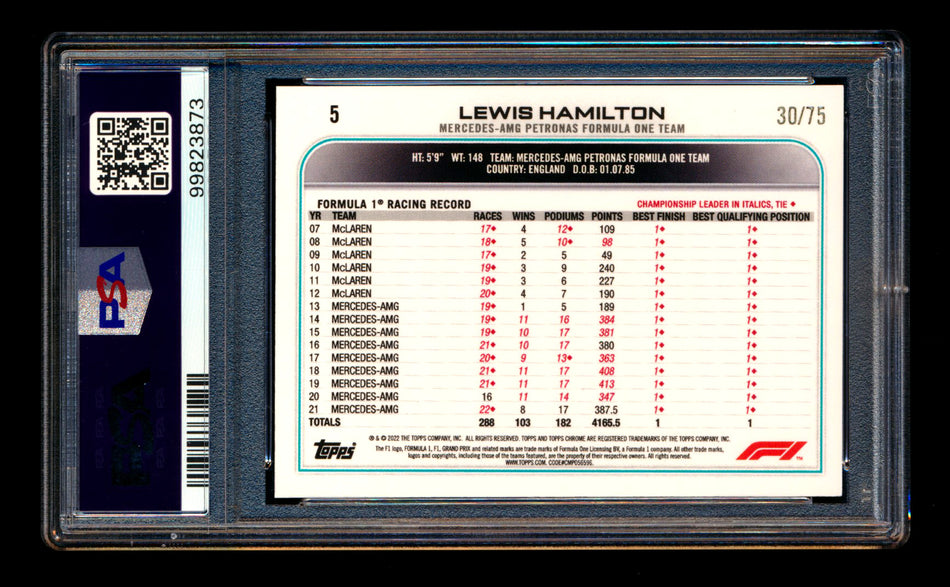 2022 Topps Chrome F1 #5 Lewis Hamilton Pink Raywave Refractor Portrait #30/75 PSA 10 ** (SOLD eBay - $119.00 - 2/18/2025) **