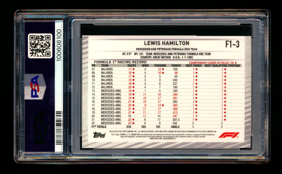 2023 Topps Chrome NSCC F1 #F1-3 Lewis Hamilton Superfractor #1/1 PSA 9 - POP 1!
