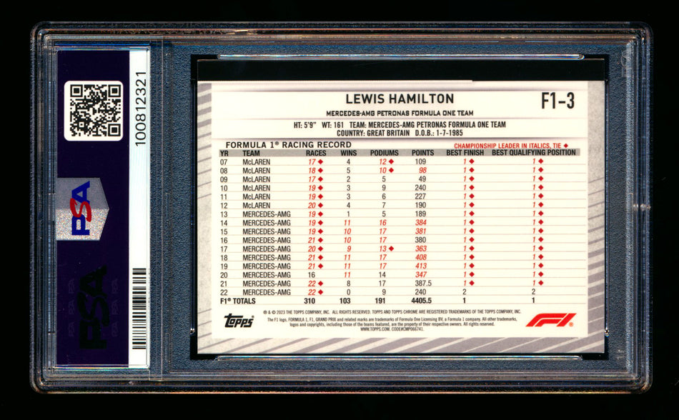 2023 Topps Chrome NSCC F1 #F1-3 Lewis Hamilton Refractor PSA 8 ** (SOLD - $95.00 - 5/23/2025) **