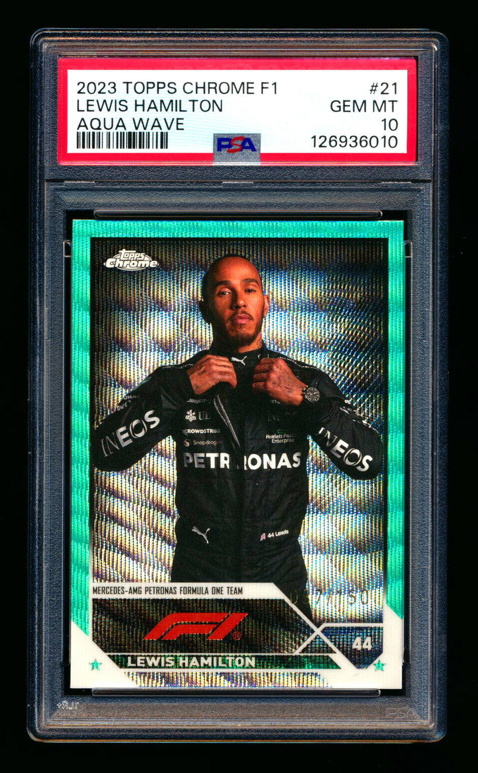 2023 Topps Chrome F1 #21 Lewis Hamilton Aqua Wave Refractor Portrait #037/150 PSA 10 ** (SOLD - $109.00 - 12/6/2025) **