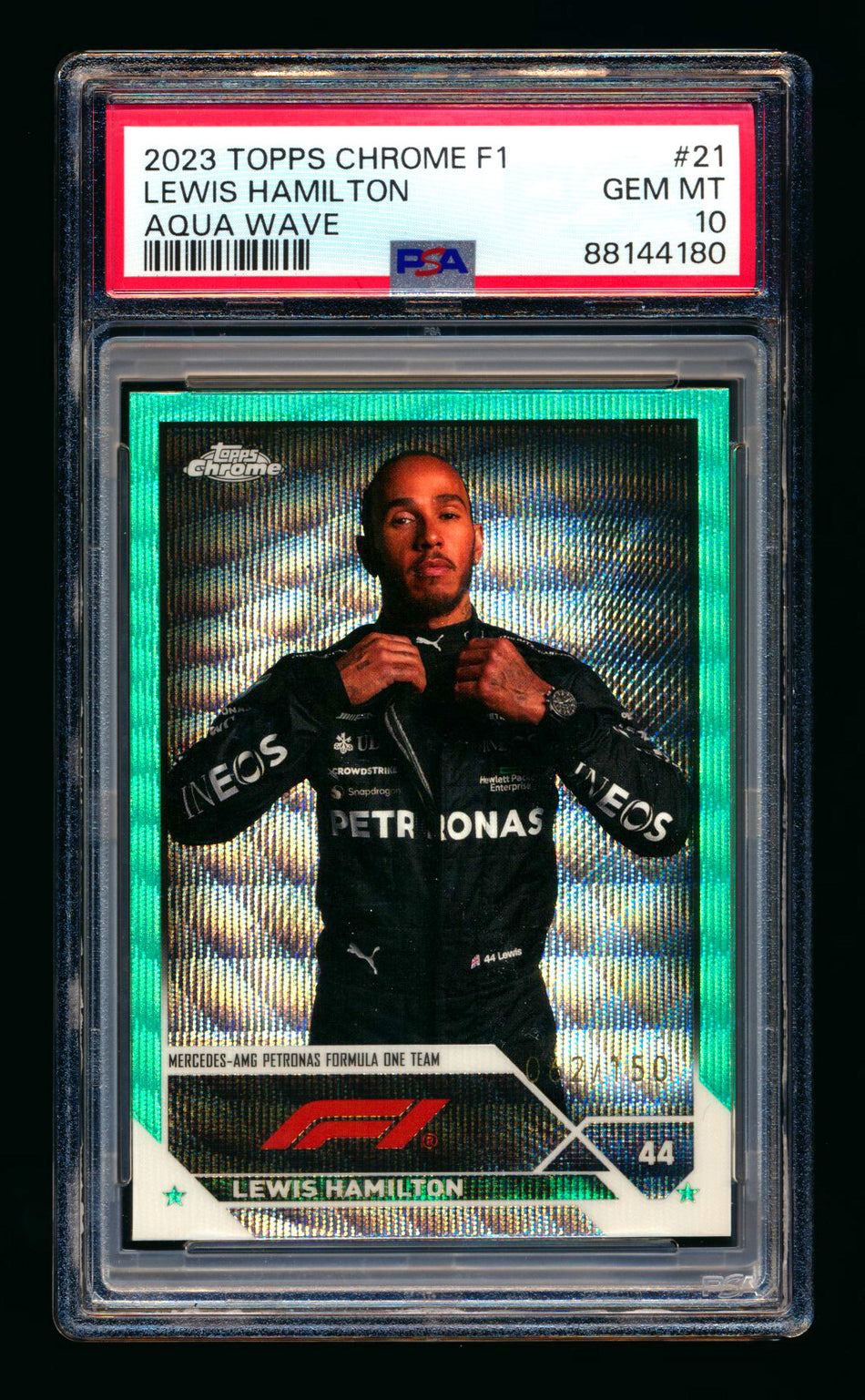 2023 Topps Chrome F1 #21 Lewis Hamilton Aqua Wave Refractor Portrait #062/150 PSA 10 ** (SOLD eBay - $89.00 - 1/18/2025) **