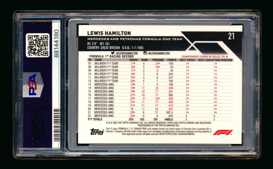 2023 Topps Chrome F1 #21 Lewis Hamilton Aqua Wave Refractor Portrait #062/150 PSA 10 ** (SOLD eBay - $89.00 - 1/18/2025) **