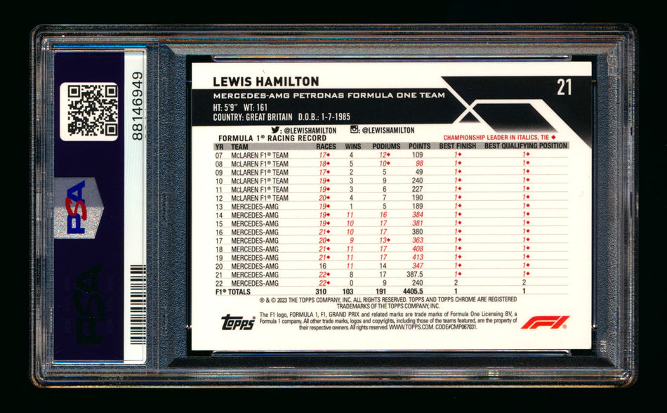 2023 Topps Chrome F1 #21 Lewis Hamilton Red Checker Flag Refractor Portrait #1/5 PSA 9 (First #!)