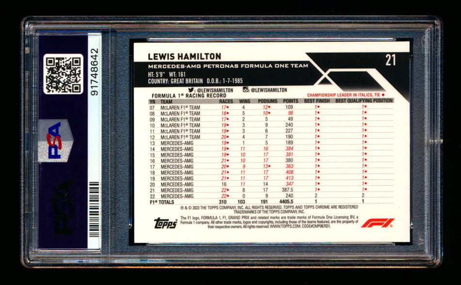 2023 Topps Chrome F1 #21 Lewis Hamilton Gold Refractor Portrait #24/50 PSA 10