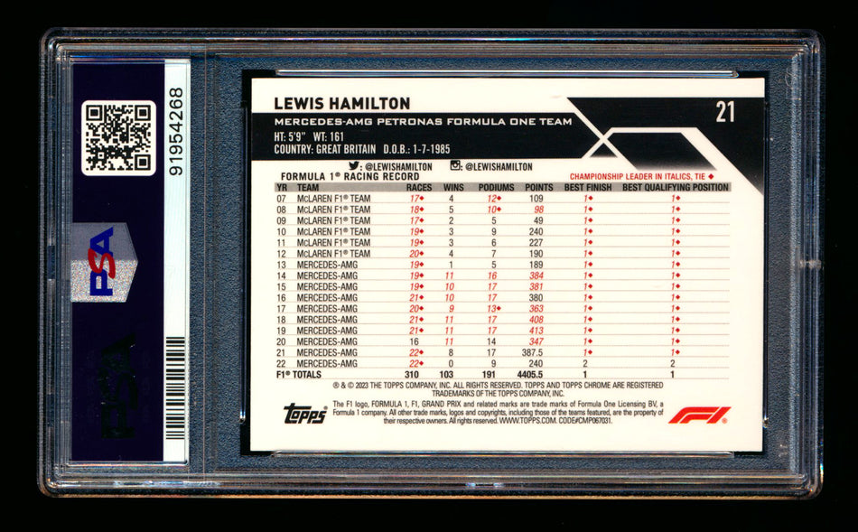 2023 Topps Chrome F1 #21 Lewis Hamilton Gold Refractor Portrait #16/50 PSA 9