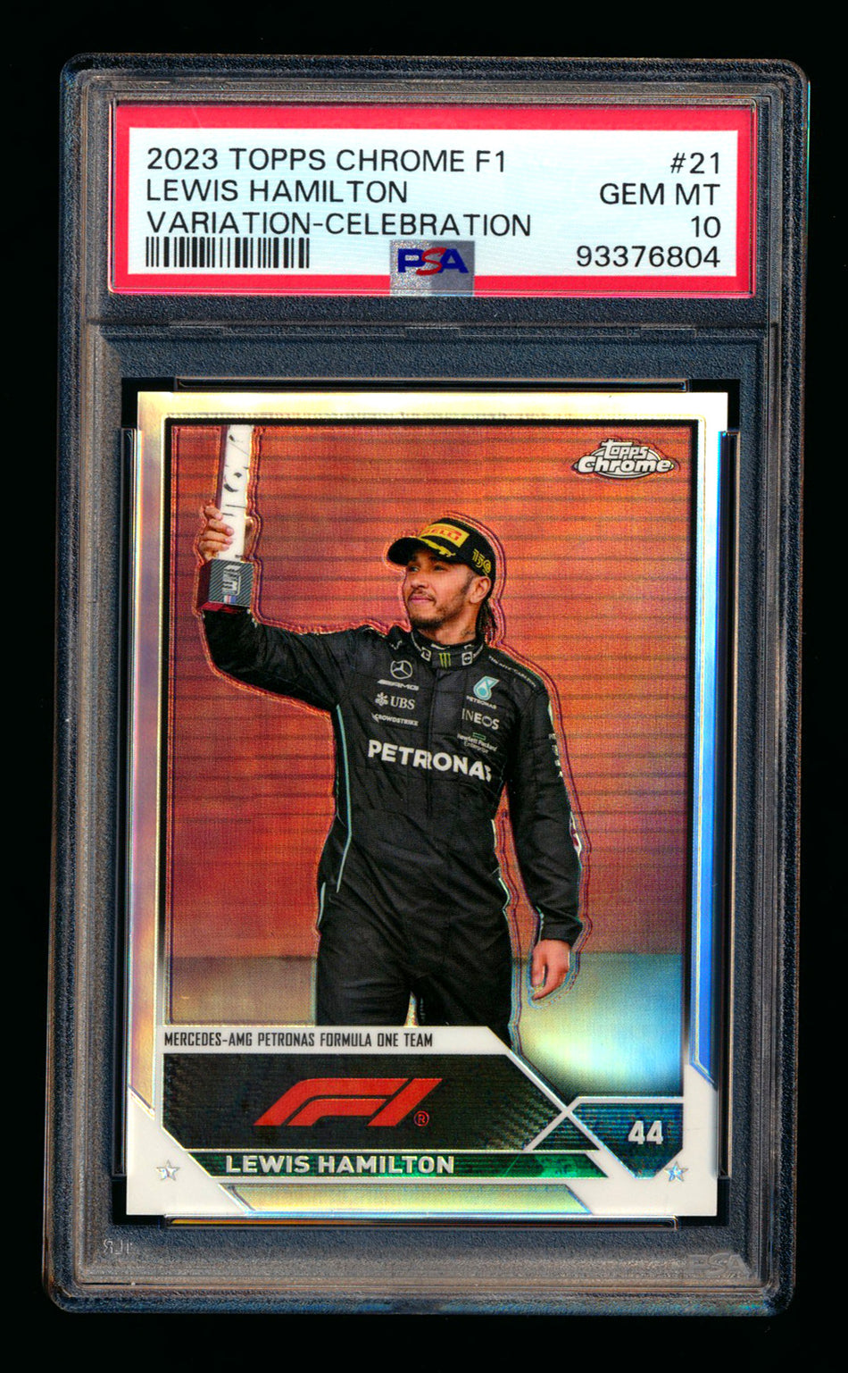 2023 Topps Chrome F1 #21 Lewis Hamilton Refractor Image Variation Celebration SP PSA 10