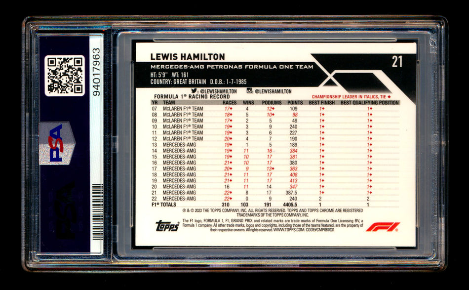 2023 Topps Chrome F1 #21 Lewis Hamilton Gold Refractor Portrait #19/50 PSA 9