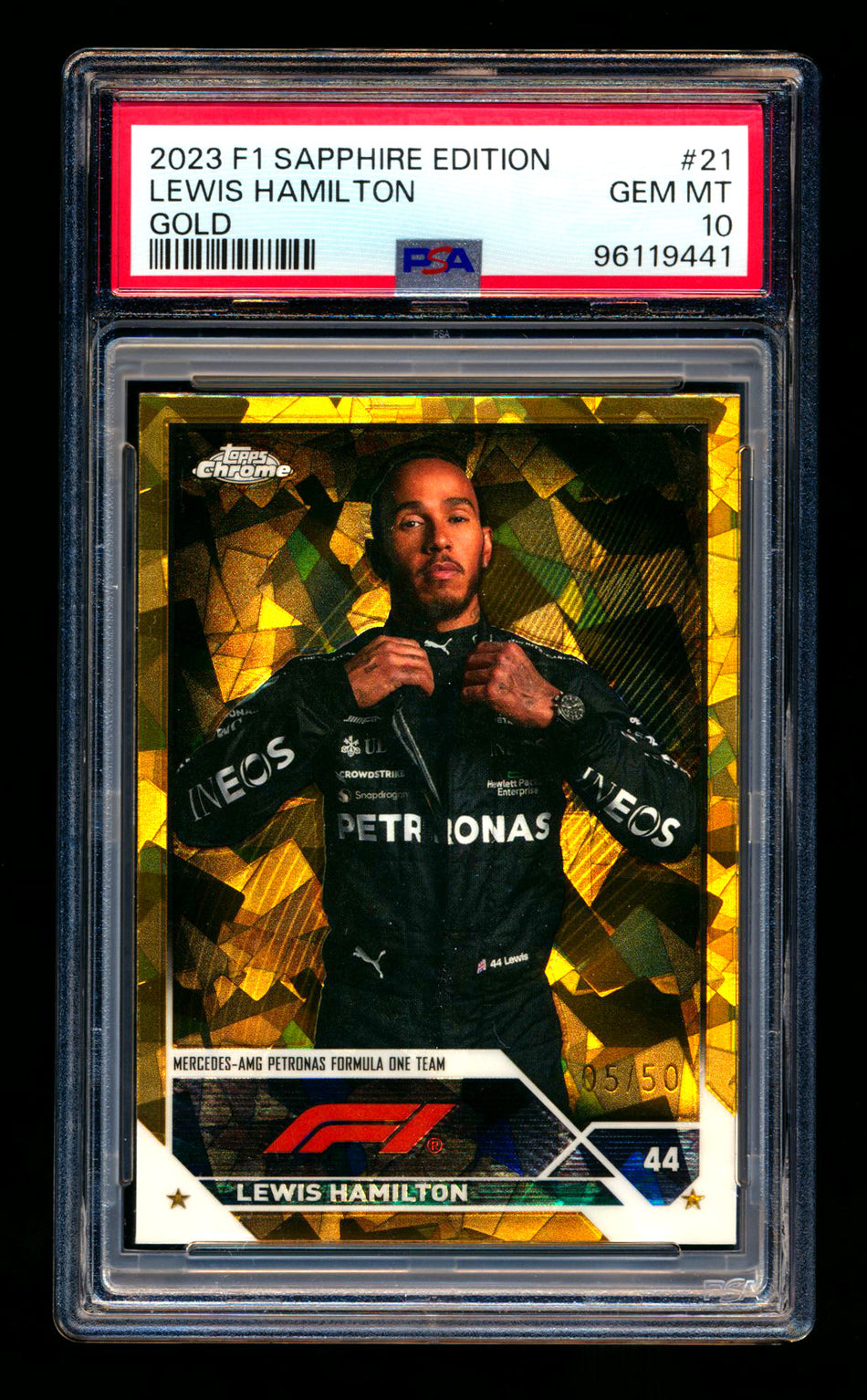 2023 Topps Chrome Sapphire F1 #21 Lewis Hamilton Gold Refractor Portrait #05/50 PSA 10