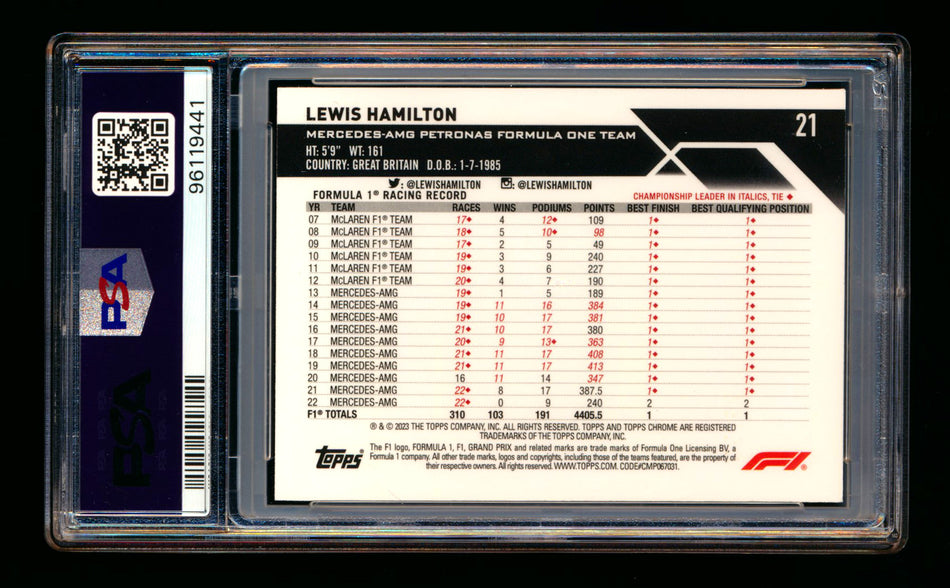 2023 Topps Chrome Sapphire F1 #21 Lewis Hamilton Gold Refractor Portrait #05/50 PSA 10