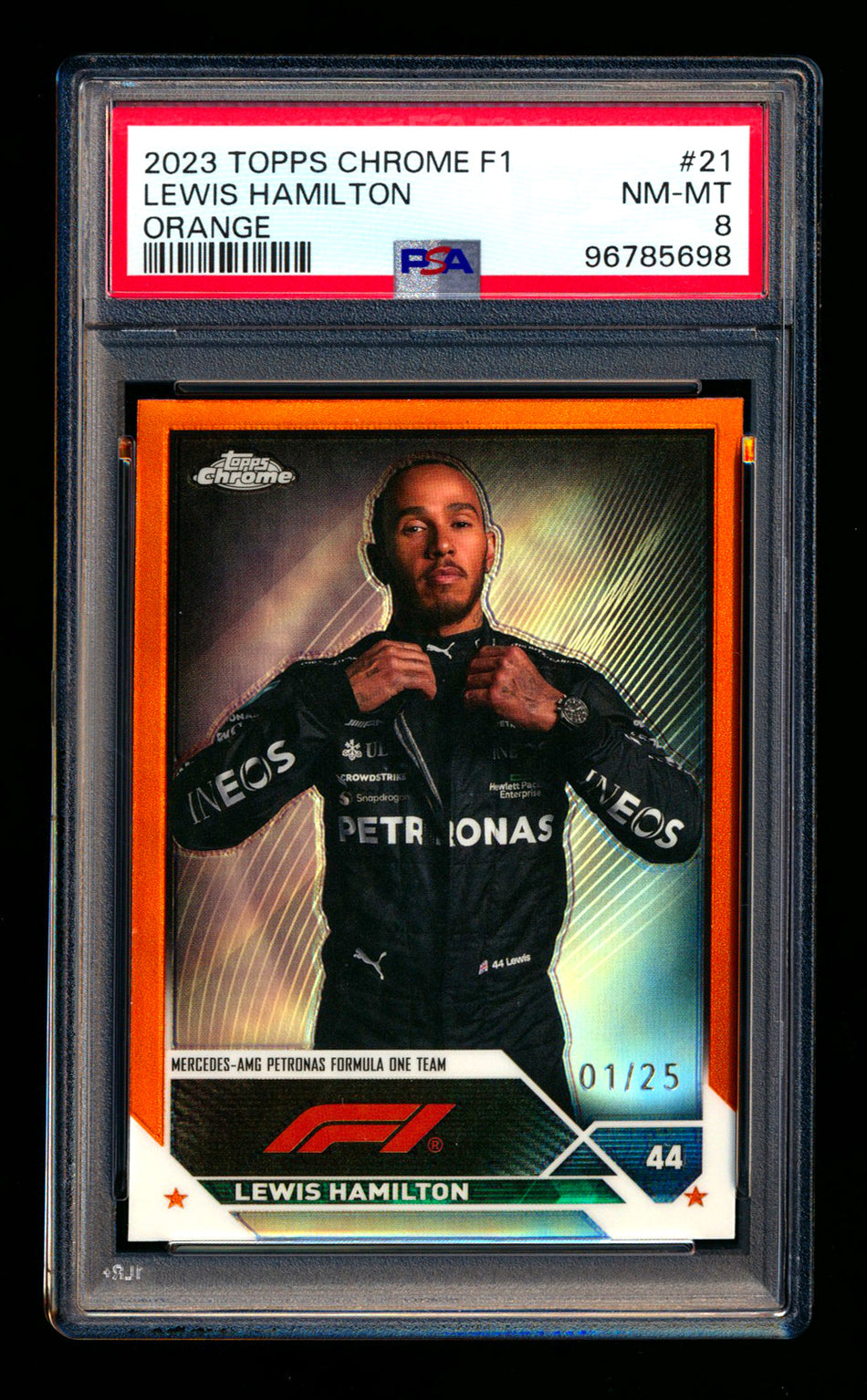 2023 Topps Chrome F1 #21 Lewis Hamilton Orange Refractor Portrait #01/25 PSA 8 (First #!)