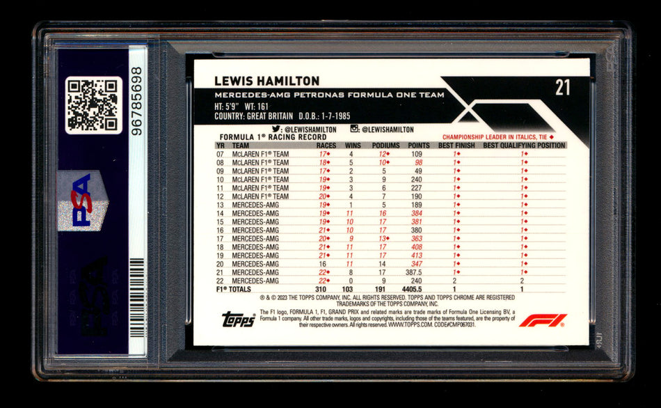 2023 Topps Chrome F1 #21 Lewis Hamilton Orange Refractor Portrait #01/25 PSA 8 (First #!)