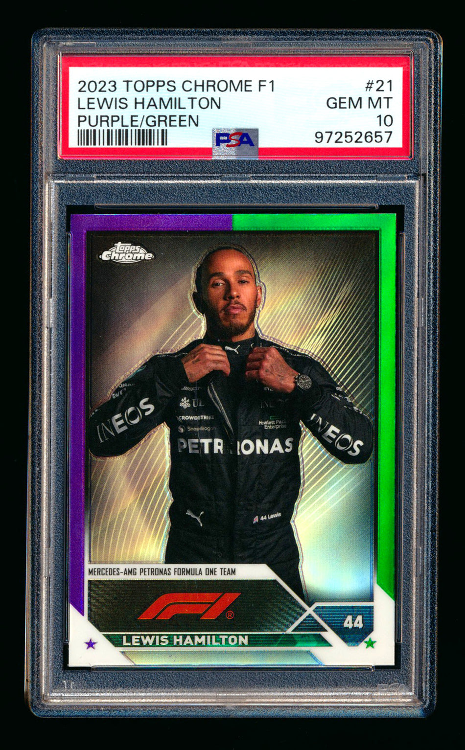 2023 Topps Chrome F1 #21 Lewis Hamilton Purple/Green Refractor Portrait PSA 10