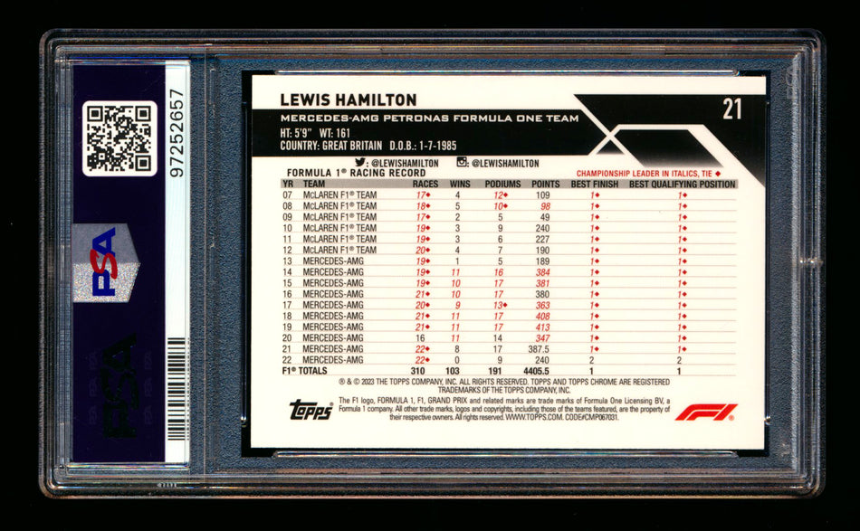 2023 Topps Chrome F1 #21 Lewis Hamilton Purple/Green Refractor Portrait PSA 10