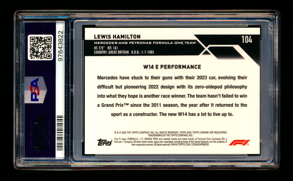 2023 Topps Chrome Sapphire F1 #104 Lewis Hamilton Black & White Refractor #02/15 PSA 10 ** (SOLD eBay - $190.00 - 1/27/2025) **