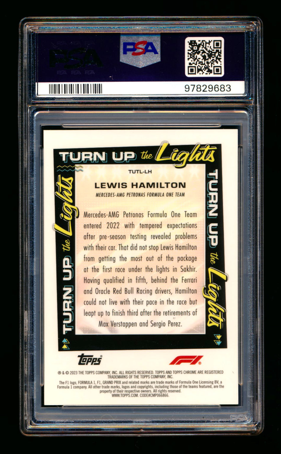 2023 Topps Chrome F1 Turn Up The Lights #TUTL-LH Lewis Hamilton Gold Refractor #02/50 PSA 8