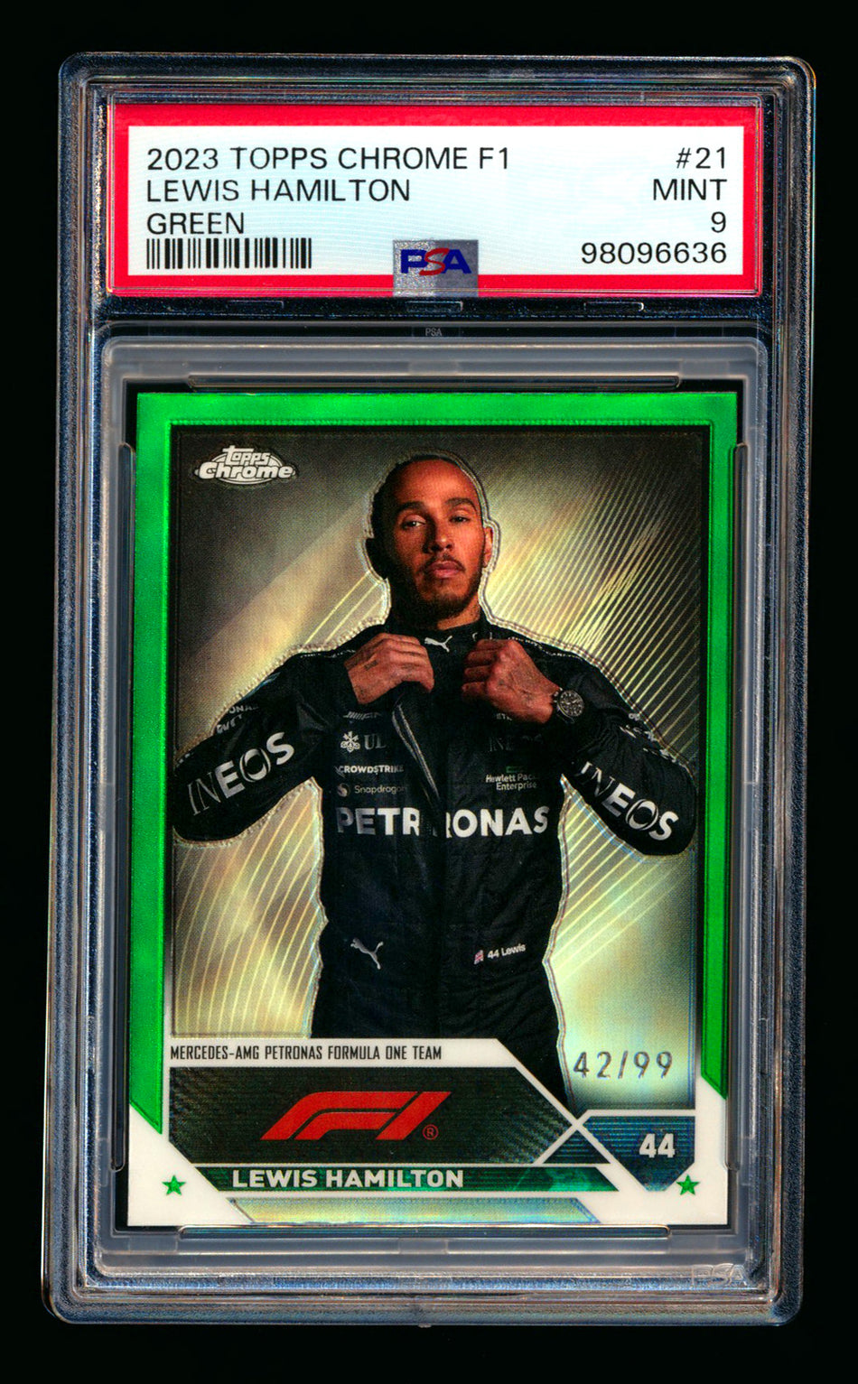 2023 Topps Chrome F1 #21 Lewis Hamilton Green Refractor Portrait #42/99 PSA 9