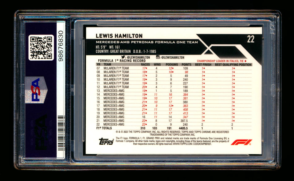 2023 Topps Chrome F1 #22 Lewis Hamilton Gold Wave Refractor #12/50 PSA 9 ** (SOLD eBay - $29.00 - 1/19/2025) **