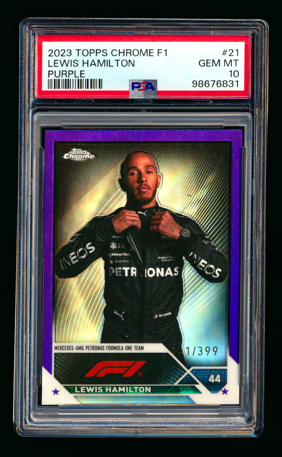 2023 Topps Chrome F1 #21 Lewis Hamilton Purple Refractor Portrait #141/399 PSA 10