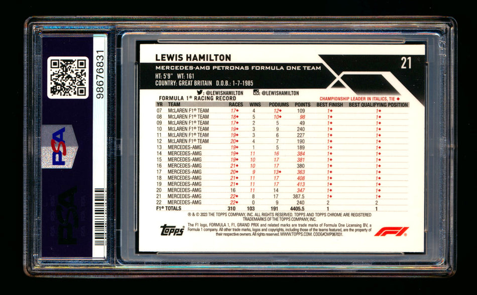 2023 Topps Chrome F1 #21 Lewis Hamilton Purple Refractor Portrait #141/399 PSA 10