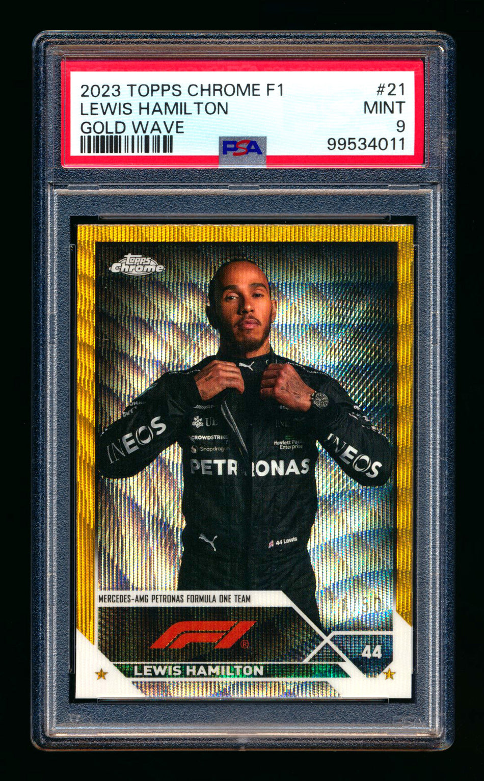 2023 Topps Chrome F1 #21 Lewis Hamilton Gold Wave Refractor Portrait #11/50 PSA 9