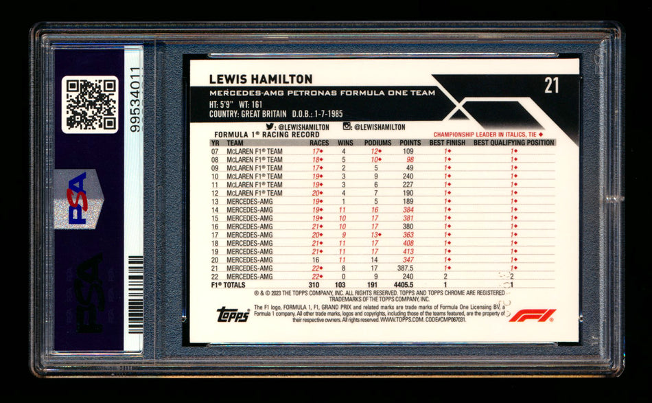 2023 Topps Chrome F1 #21 Lewis Hamilton Gold Wave Refractor Portrait #11/50 PSA 9