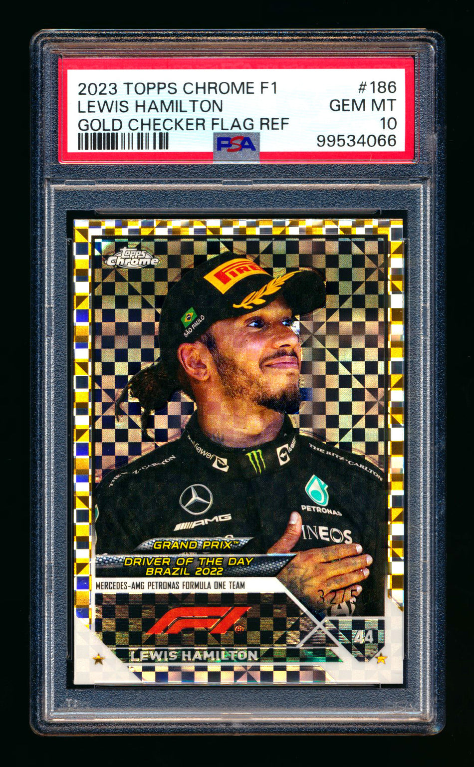 2023 Topps Chrome F1 #186 Lewis Hamilton Gold Checker Flag Refractor Portrait #32/50 PSA 10