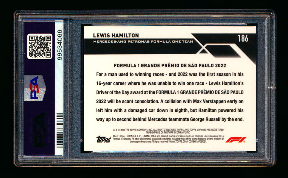 2023 Topps Chrome F1 #186 Lewis Hamilton Gold Checker Flag Refractor Portrait #32/50 PSA 10