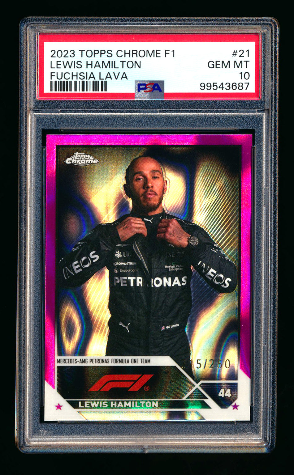 2023 Topps Chrome F1 #21 Lewis Hamilton Fuchsia Lava Refractor Portrait #215/250 PSA 10