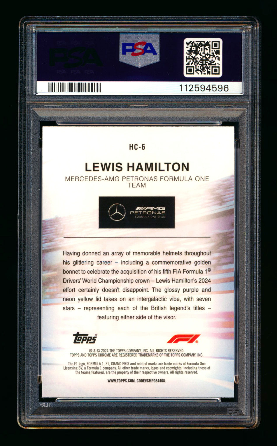 2024 Topps Chrome Logofractor F1 Helmet Collection #HC-6 Lewis Hamilton Gold Refractor #17/50 PSA 10 ** (SOLD - $1,250.00 - 1/3/2026) **