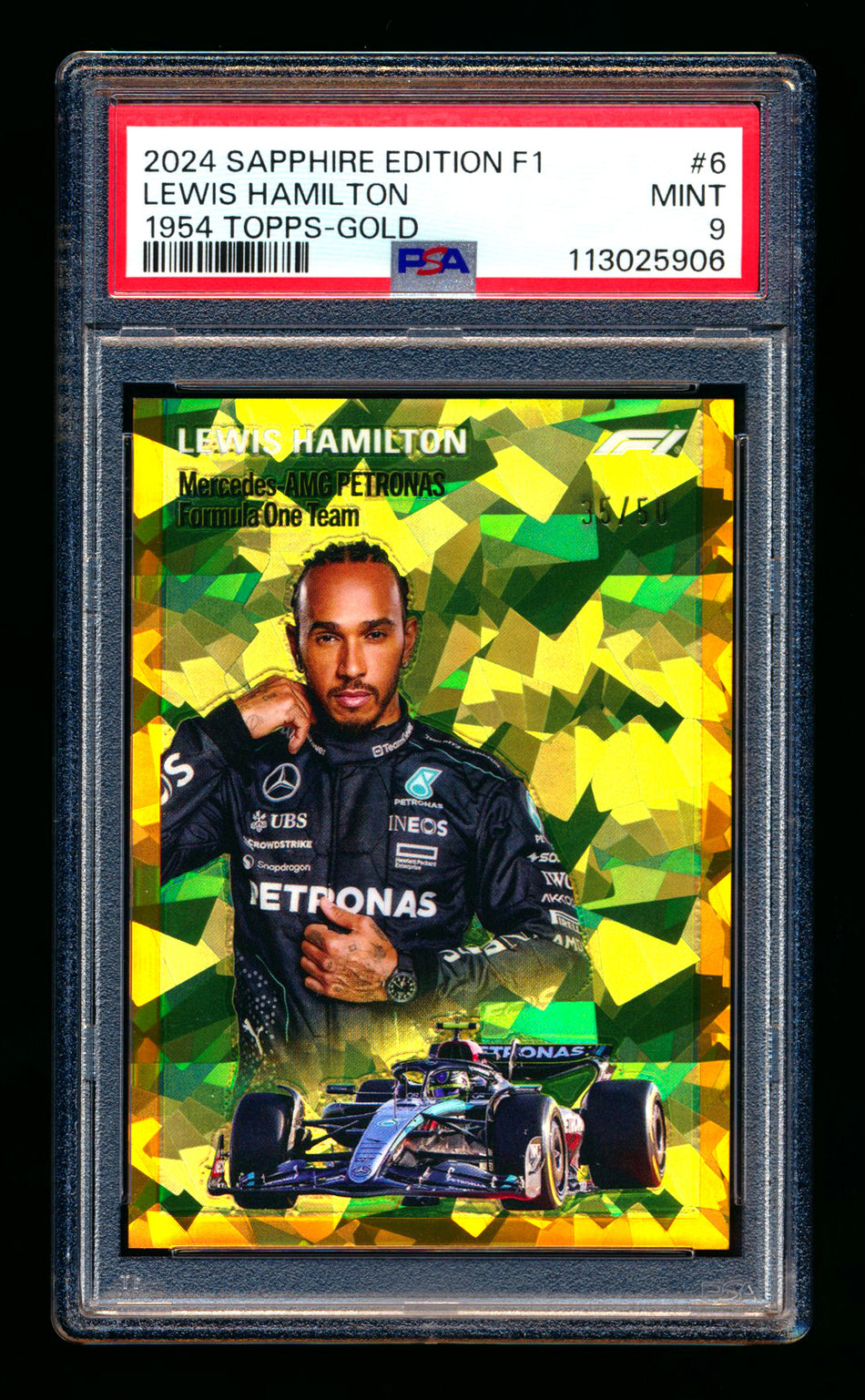 2024 Topps Chrome Sapphire F1 #1954-6 Lewis Hamilton 1954 Gold Refractor #35/50 PSA 9
