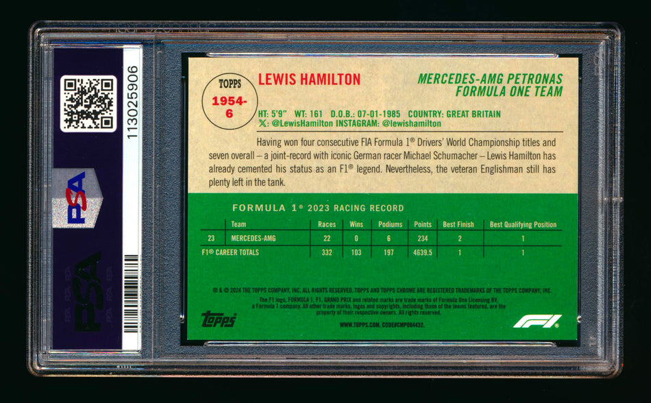 2024 Topps Chrome Sapphire F1 #1954-6 Lewis Hamilton 1954 Gold Refractor #35/50 PSA 9