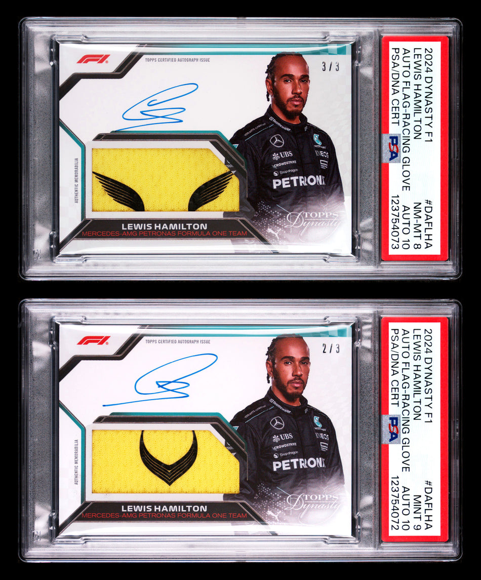 2024 Topps Dynasty F1 #DAF-LHA Lewis Hamilton Logo Glove Patch Autograph #2/3 & #3/3 PSA 8/9 DNA 10 (2 Card Set)