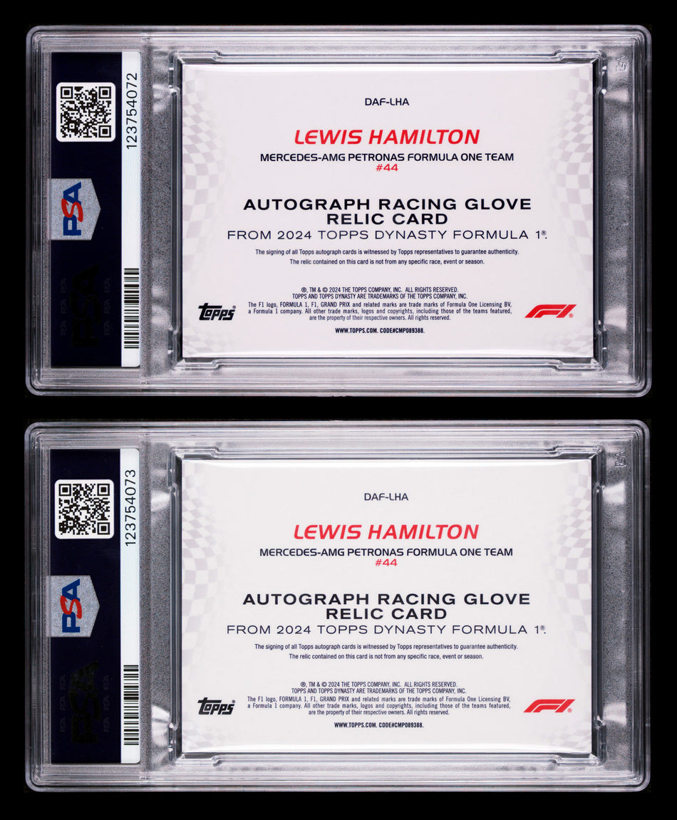 2024 Topps Dynasty F1 #DAF-LHA Lewis Hamilton Logo Glove Patch Autograph #2/3 & #3/3 PSA 8/9 DNA 10 (2 Card Set)
