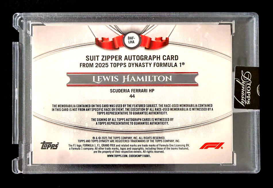 2025 Topps Dynasty F1 #DAF-LHA Zipper Patch Inscription "Forza Ferrari" Autograph Lewis Hamilton #4/5 ** (SOLD - $60,000.00 - 3/5/2026) **