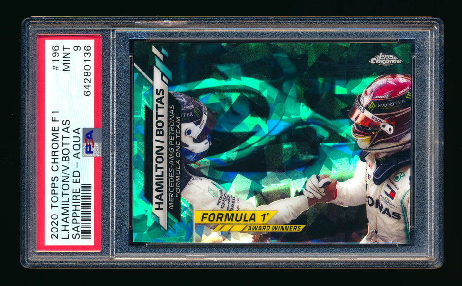 2020 Topps Chrome Sapphire F1 #196 Lewis Hamilton/Valtteri Bottas RC Aqua Refractor #16/99 PSA 9