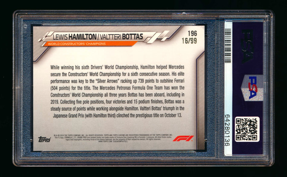 2020 Topps Chrome Sapphire F1 #196 Lewis Hamilton/Valtteri Bottas RC Aqua Refractor #16/99 PSA 9